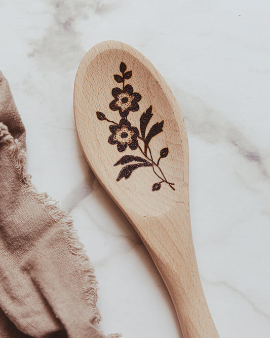 Hand Burned Wooden Spoon - Flowers